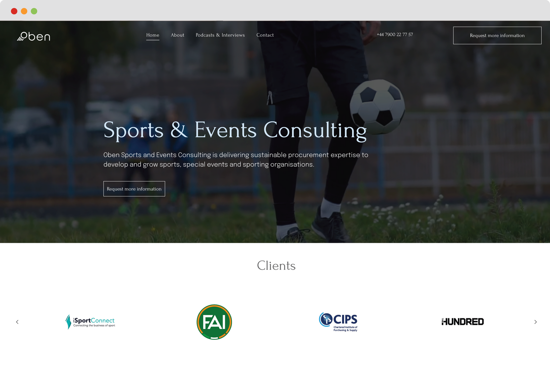 Sports & Events Consulting website hero banner with athletes in a stadium