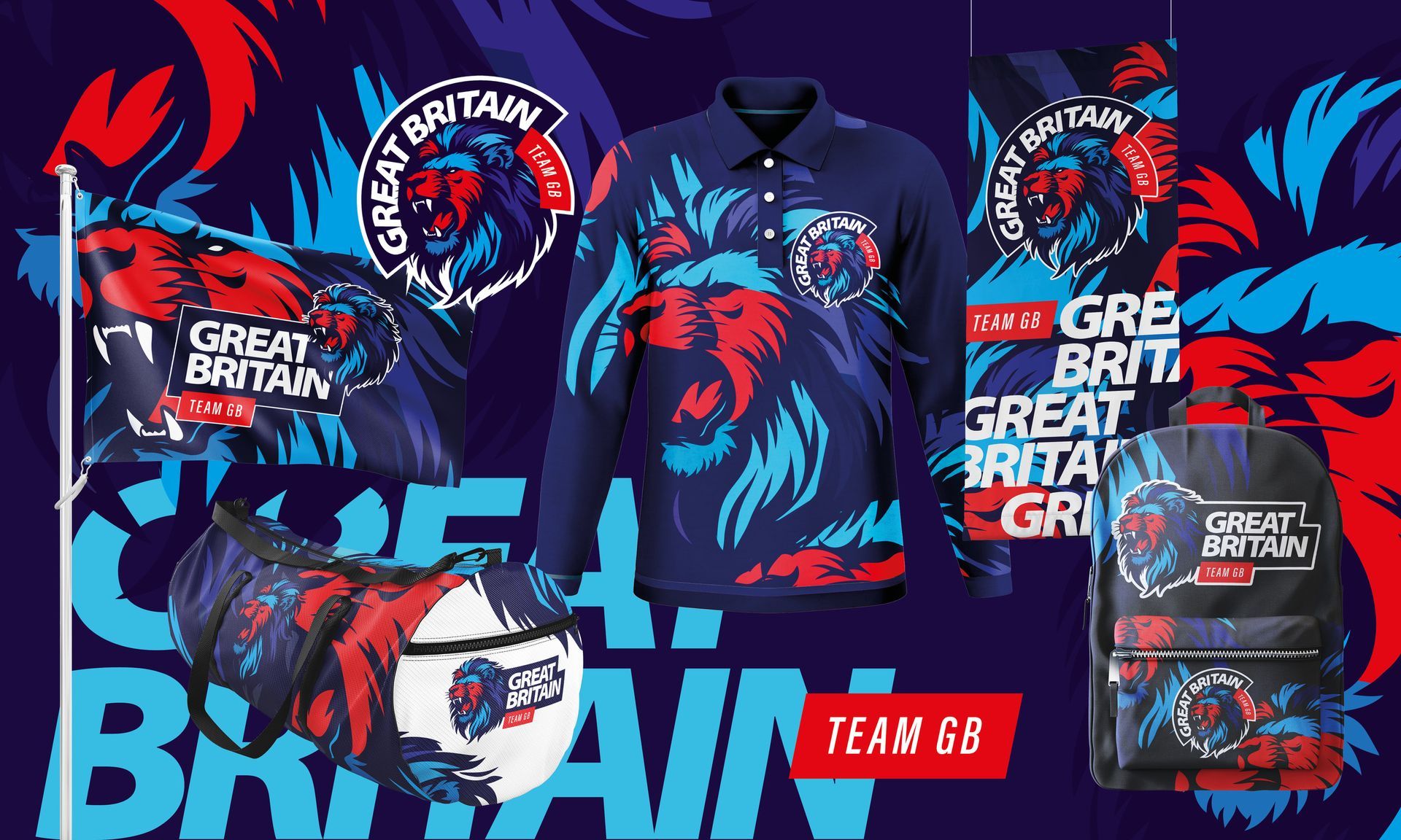 Great Britain Team GB sportswear set in blue, red, and white with bold lion graphics and logos