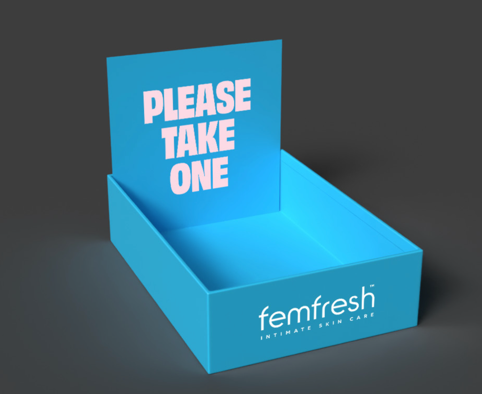 Blue Femfresh countertop box with a sign reading “PLEASE TAKE ONE”