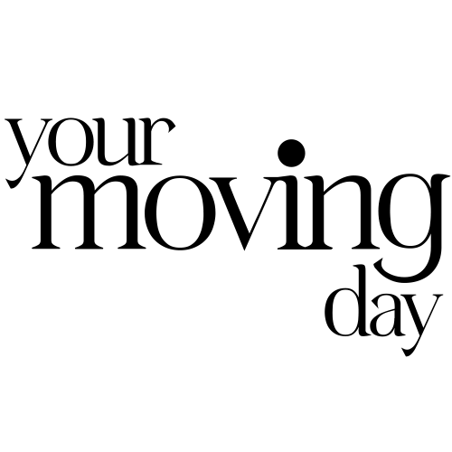 Stylized black text reading “your moving day” on a white background