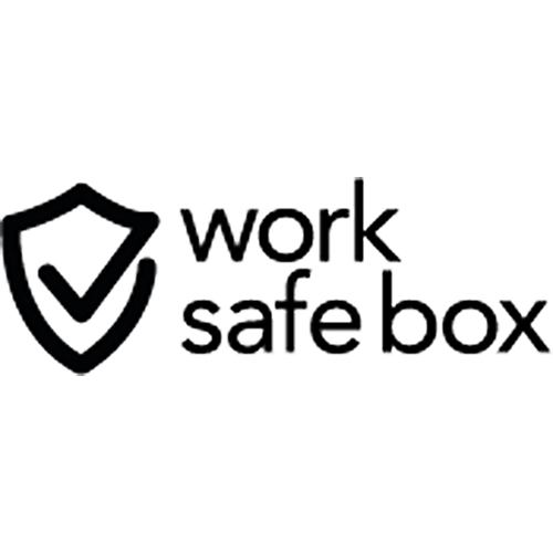 Black shield checkmark logo with the words “work safe box” in black text
