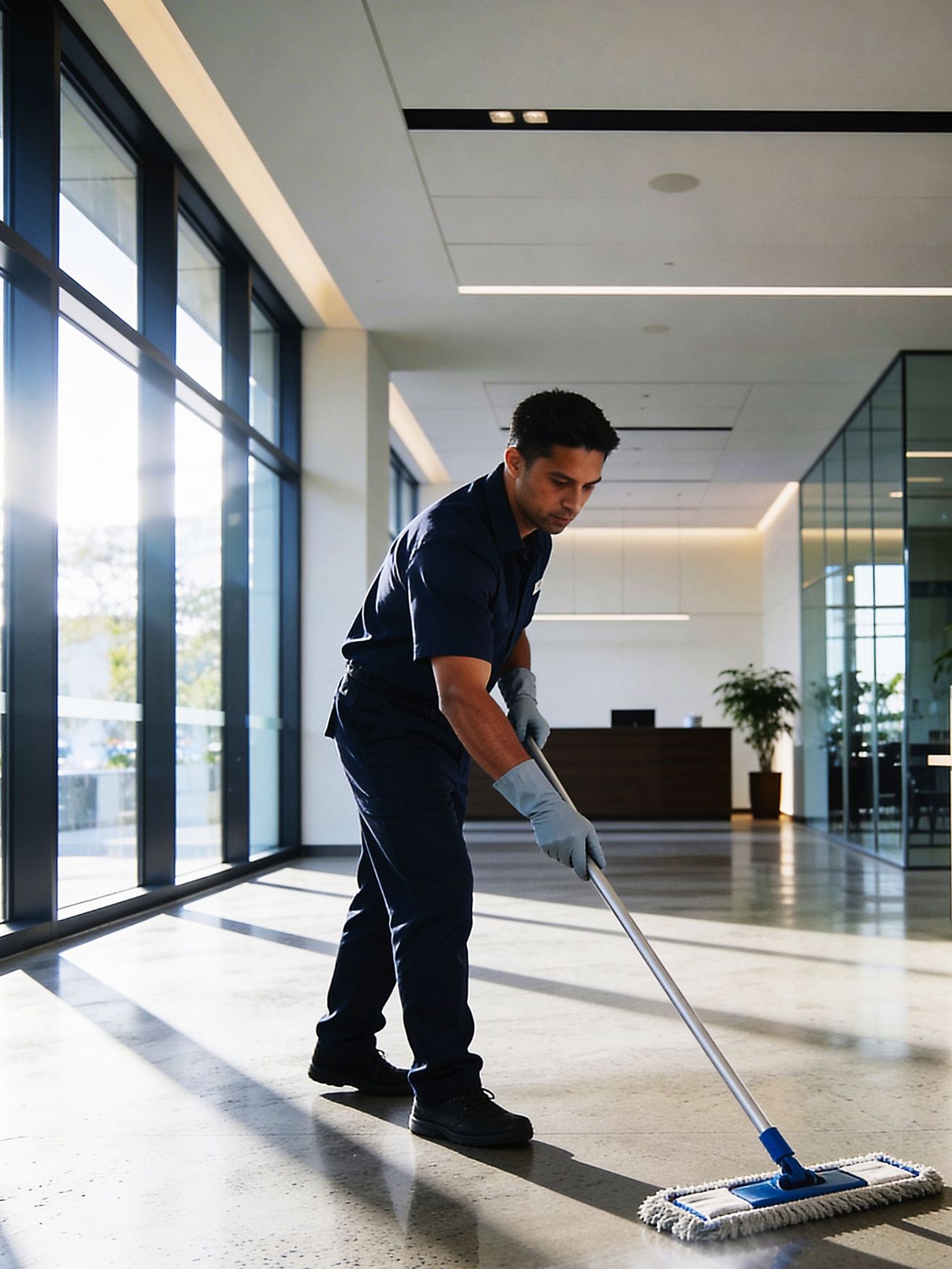 Janitor mopping floor in office building with cleaning gloves and cleaning attire