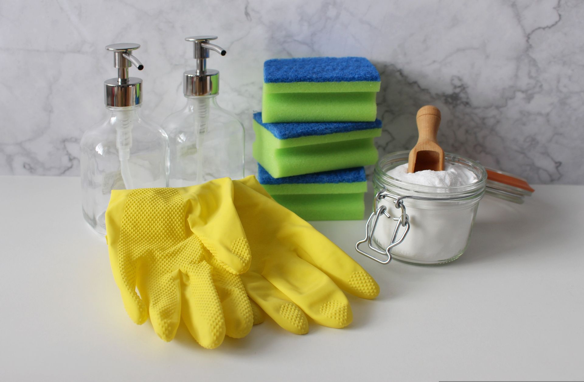 Cleaning gloves and sponges and soap dispensers