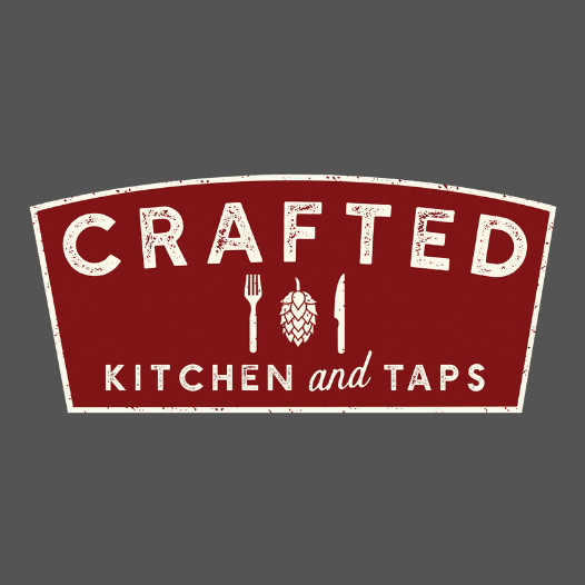 Red logo reading “CRAFTED Kitchen and Taps” with fork, hops, and knife icons on a gray background
