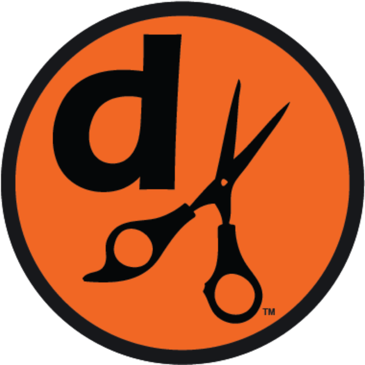 Orange circle logo with black lowercase “d” and scissors icon