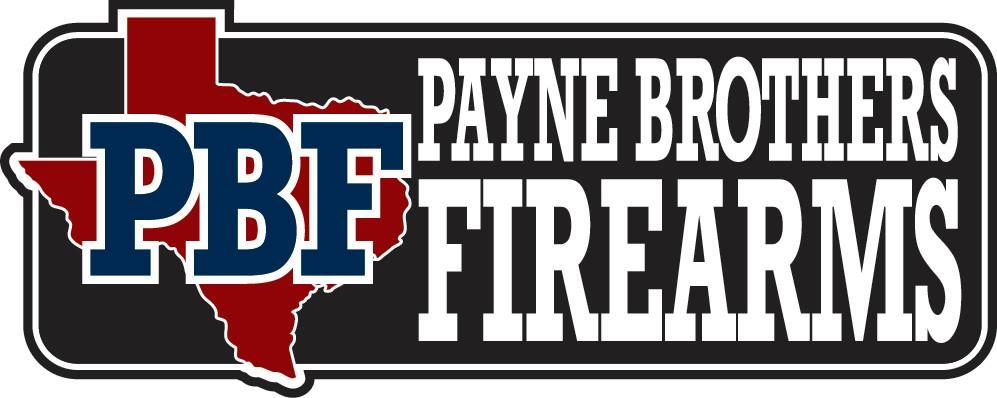 Payne Brothers Firearms logo with blue PBF over a red Texas outline and white text on black background