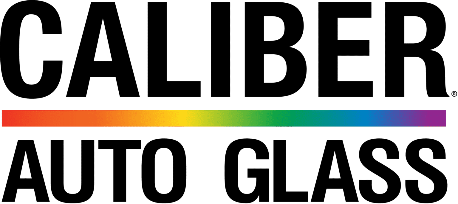 Caliber Auto Glass logo with black text and a red-to-blue gradient line underneath