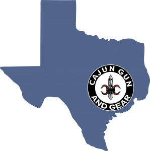 Blue silhouette of Texas with a Cajun Gun and Gear logo over the southeast area