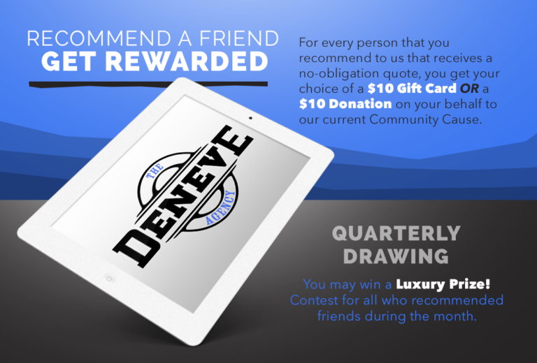 Promotional flyer with a tilted envelope and “Denver” stamp, offering refer-a-friend rewards and a quarterly drawing.
