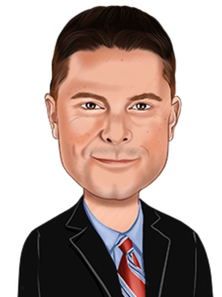 Cartoon-style portrait of a smiling man in a black suit, blue shirt, and red striped tie.