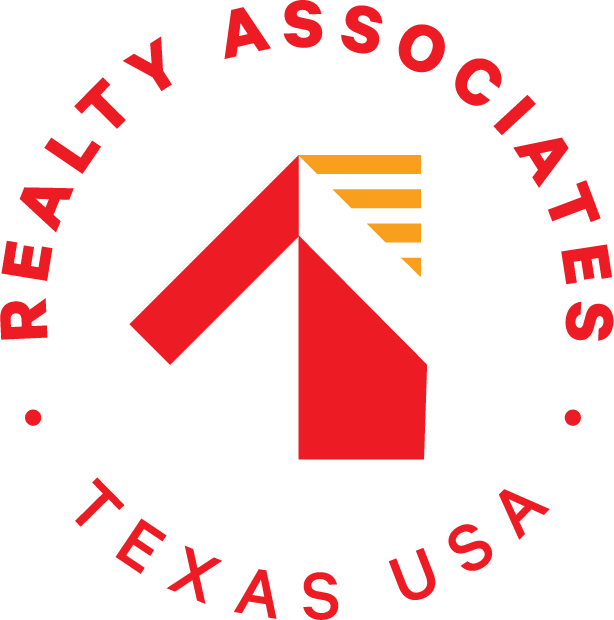 Realty Associates Texas USA logo with red roof icon and circular text