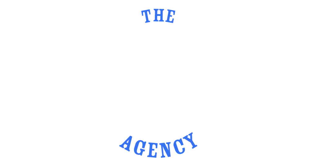 Blue curved text reading “THE” at top and “AGENCY” at bottom on a white background.