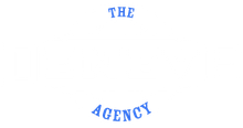 Blue curved text reading “THE” at top and “AGENCY” at bottom on a white background.