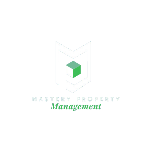 A logo for mastery property management with a green cube in the middle.