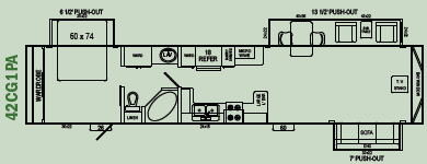 A black and white drawing of a rv floor plan