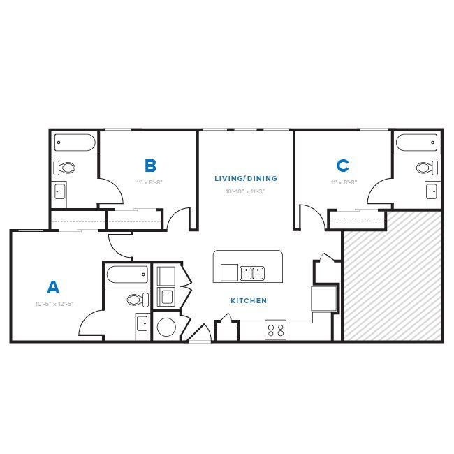 A floor plan layout of a 3-bedroom apartment near SHSU with a living room, dining room, and kitchen at The Heights.