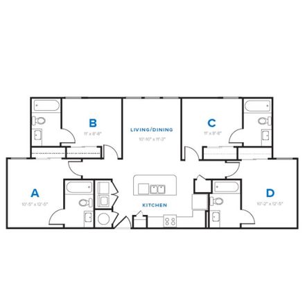Five-bedroom student apartment floor plan layout with a living room and a kitchen at The Heights near SHSU.