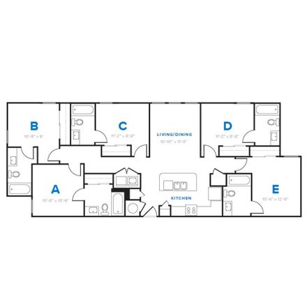Five-bedroom student apartment floor plan layout with a living room and a kitchen at The Heights near SHSU.