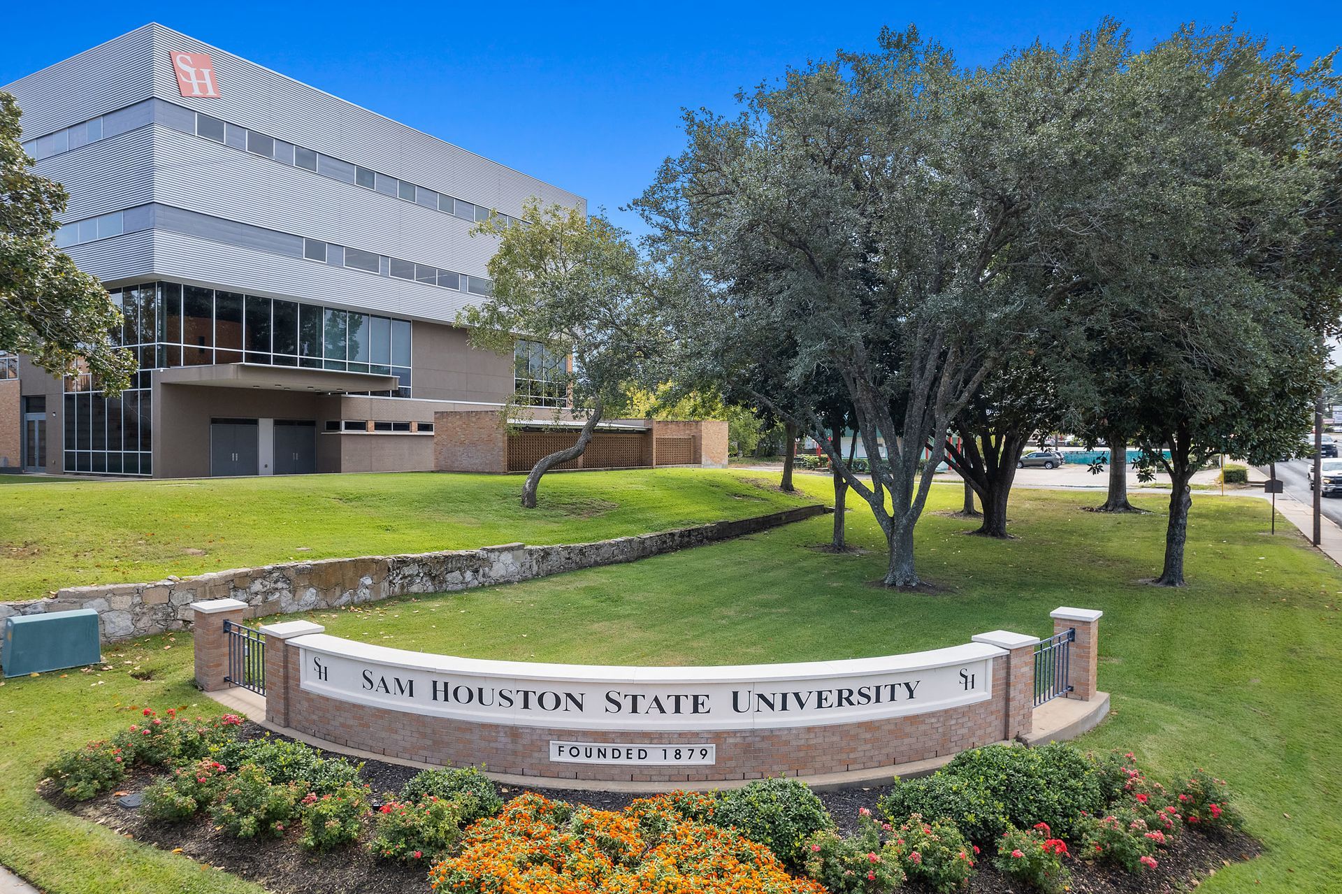 A sign that says Sam Houston State University.