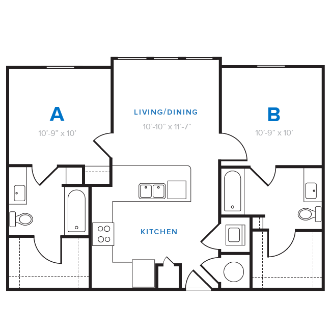 A black and white floor plan layout of a two-bedroom student apartment near SHSU.