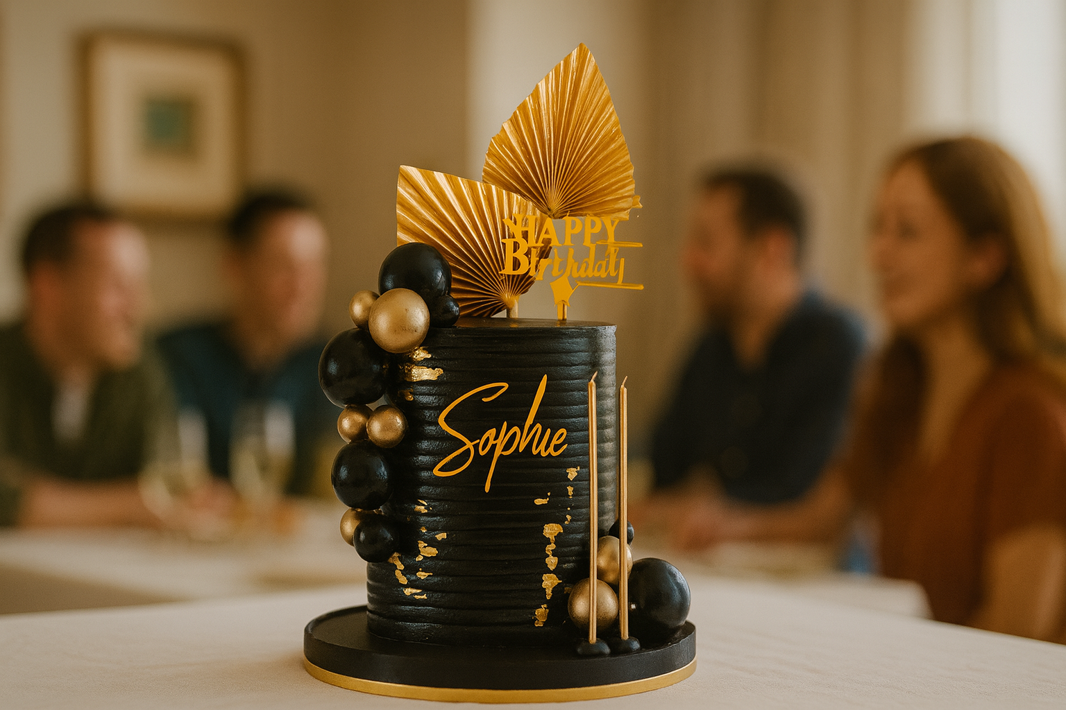 Black birthday cake with gold accents and