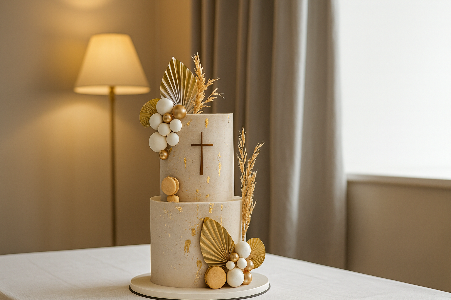 Two-tiered beige cake decorated with gold accents, a cross, and floral elements on a table; lamp and window in background.