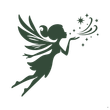 Silhouette of a fairy blowing stardust. The fairy has wings, a ponytail, and is in flight.