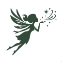 Silhouette of a fairy blowing stardust. The fairy has wings, a ponytail, and is in flight.