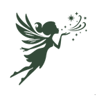 Silhouette of a fairy blowing stardust. The fairy has wings, a ponytail, and is in flight.