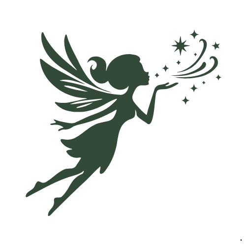 Silhouette of a fairy blowing stardust, with wings and a bun hairstyle, in flight.