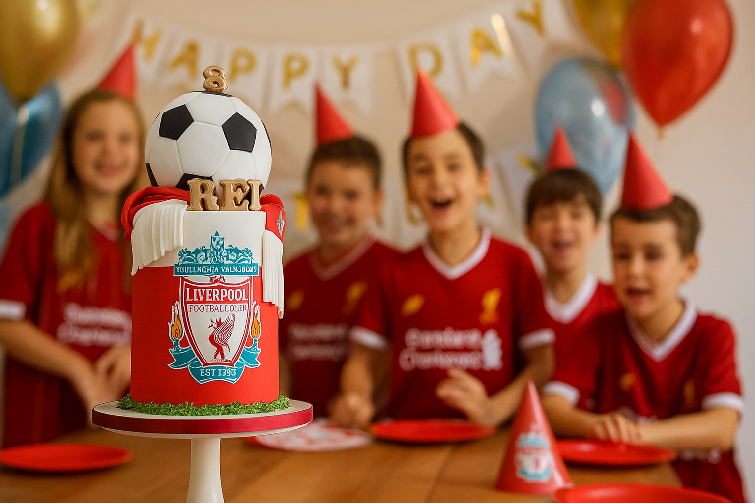 Children in red soccer jerseys celebrate a birthday with a Liverpool-themed cake and party hats.