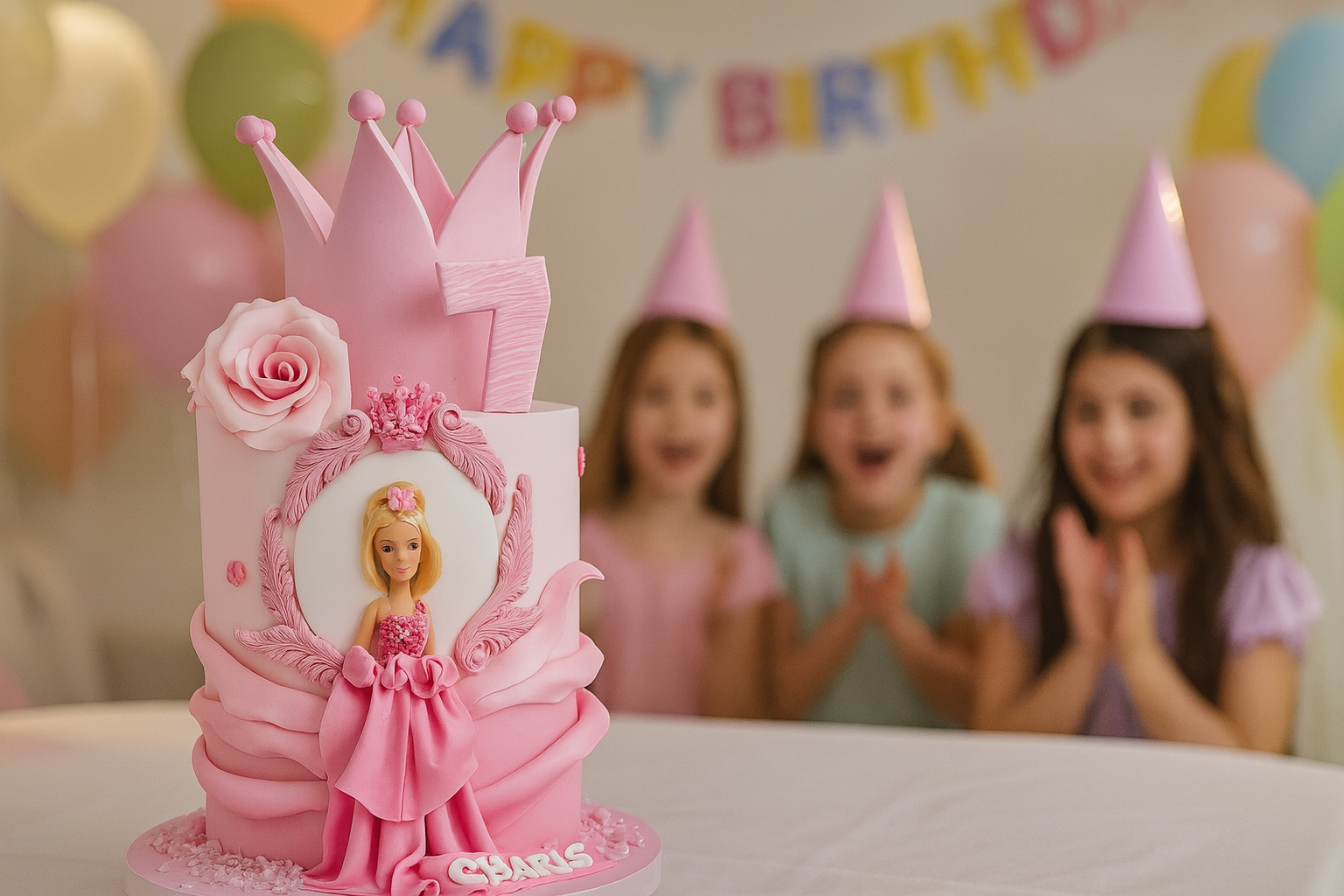 Pink Barbie birthday cake with crown, in front of three excited girls wearing party hats. Balloons