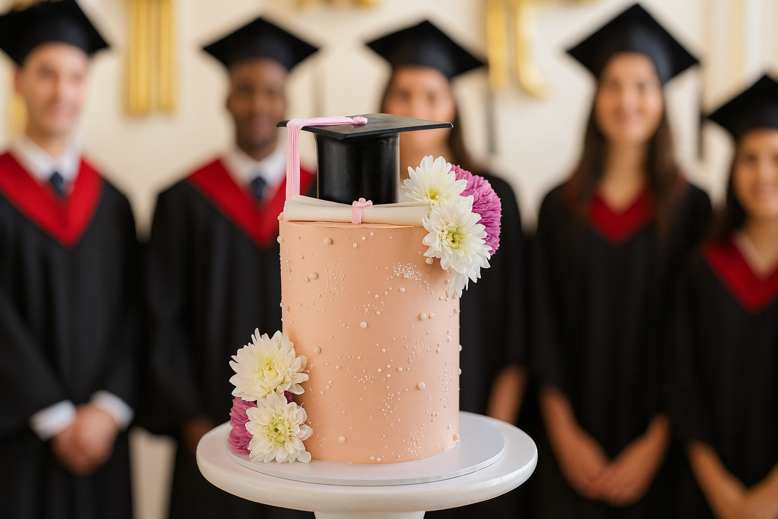 Graduation cake decorated with flowers and a tiny mortarboard in front of graduates wearing gowns.
