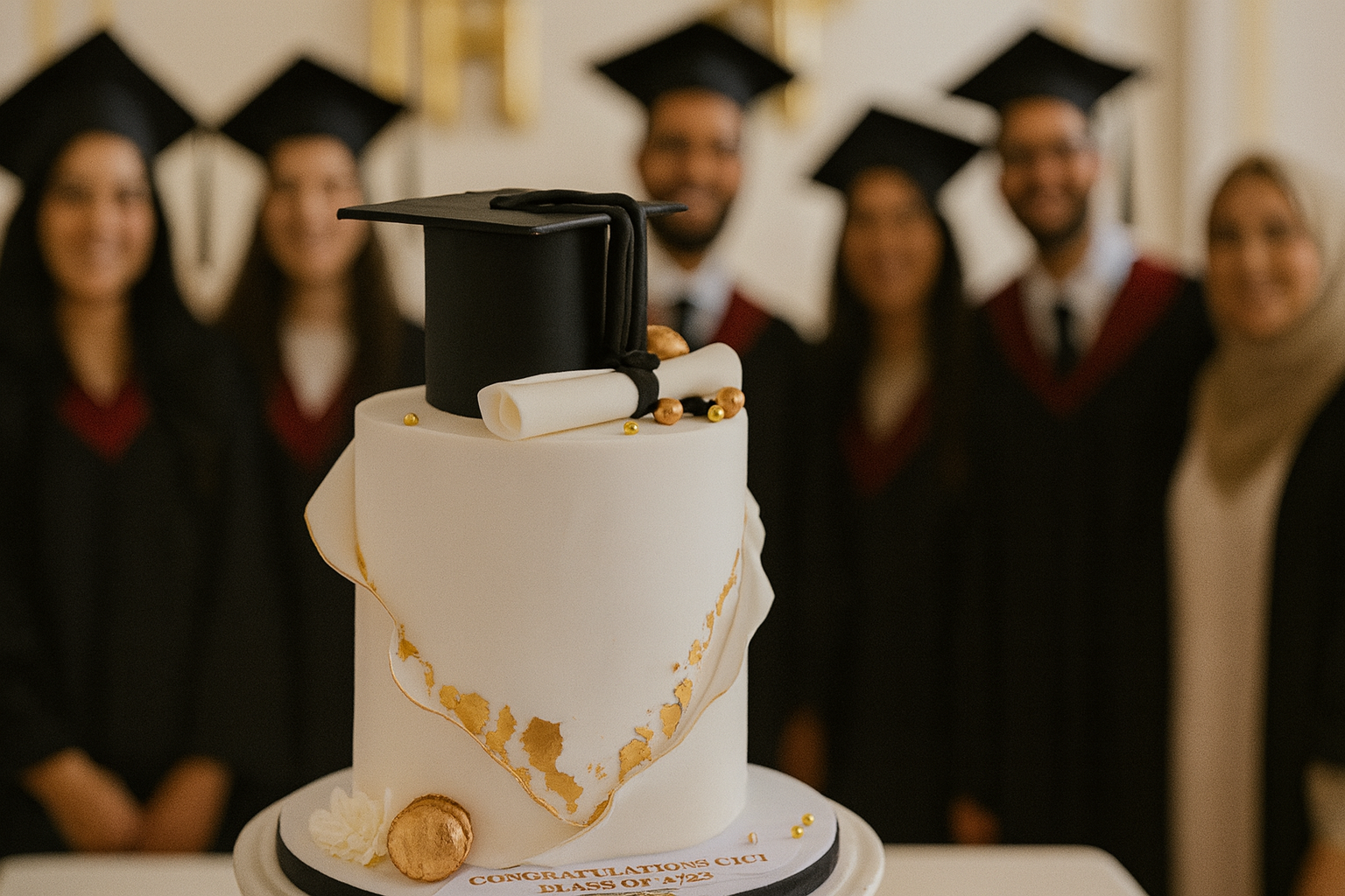 Graduation cake with mortarboard and diploma, in front of a group of smiling graduates in gowns and caps.