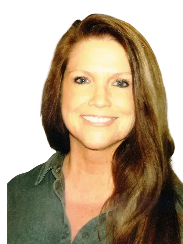 Portrait of a smiling woman with long brown hair wearing a green shirt on a white background