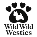 Black logo with paw print, dog silhouette, hearts, and the words “Wild Wild Westies”