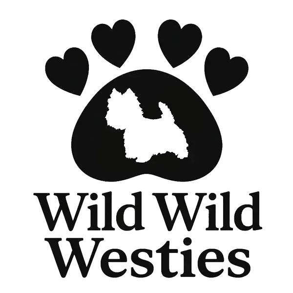 Black logo with paw print, dog silhouette, hearts, and the words “Wild Wild Westies”