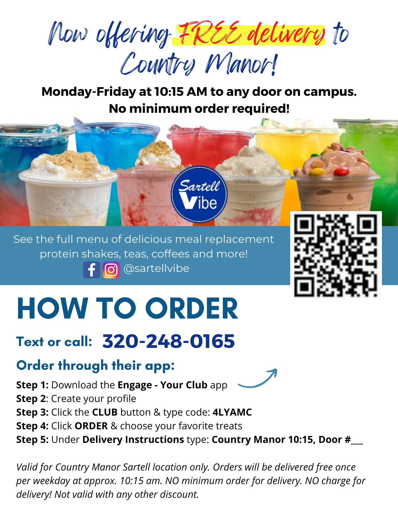 A flyer for Sartell Vibe offering free delivery to country manor.