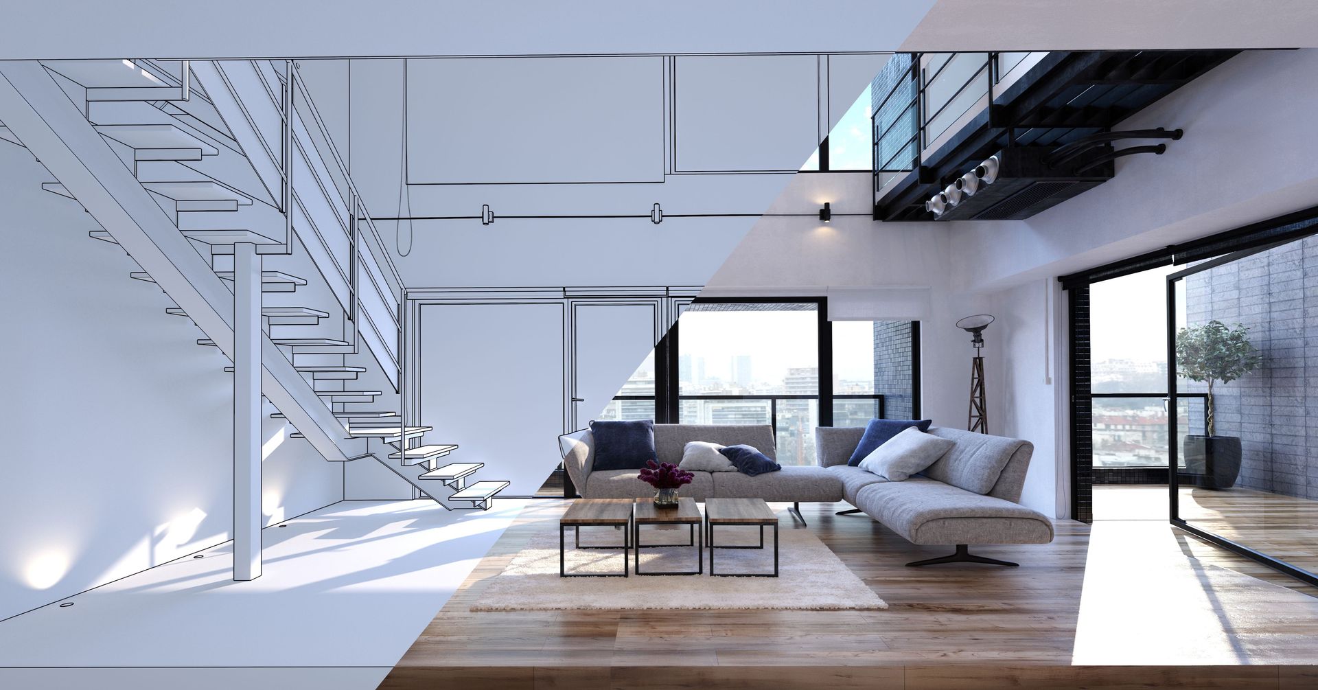 A rendering solution that showcases a spacious open-plan living room design. A rendering solution that showcases a spacious open-plan living room design.