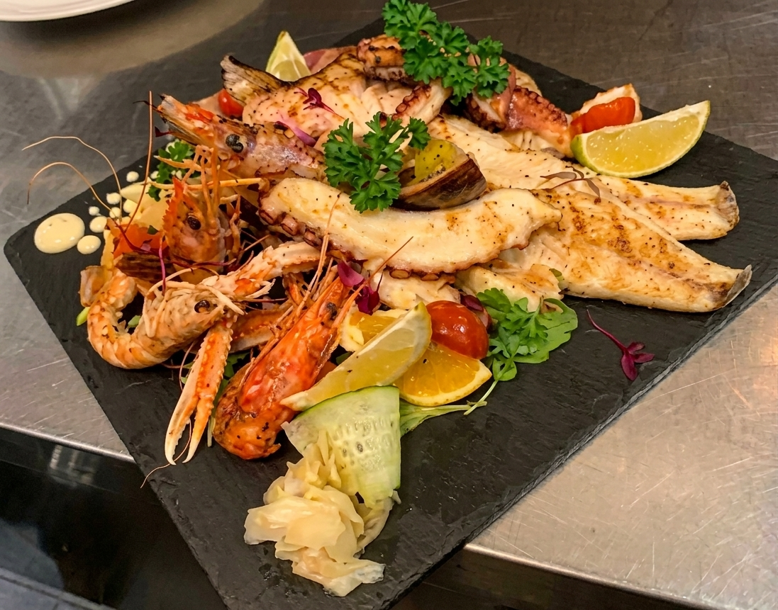 Piatto di frutti di mare grigliati con gamberi, pesce, spicchi di limone e prezzemolo su un tagliere di ardesia nera.