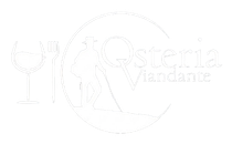 Logo bianco con un bicchiere di vino, una forchetta e la silhouette di uno chef accanto a una mezzaluna e la scritta 