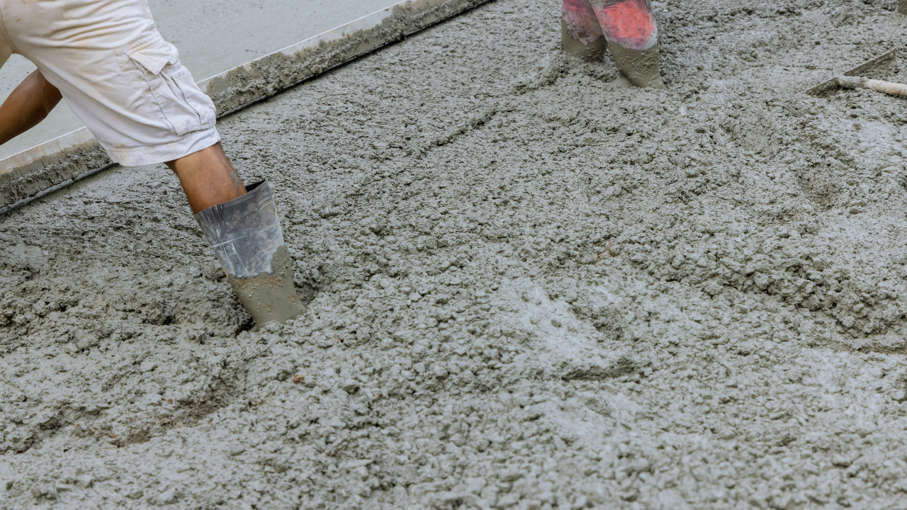 Person in white pants and boots working in wet concrete, likely smoothing or leveling it.
