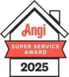 Angi Super Service Award badge with house outline and “2025” in black, red, and white
