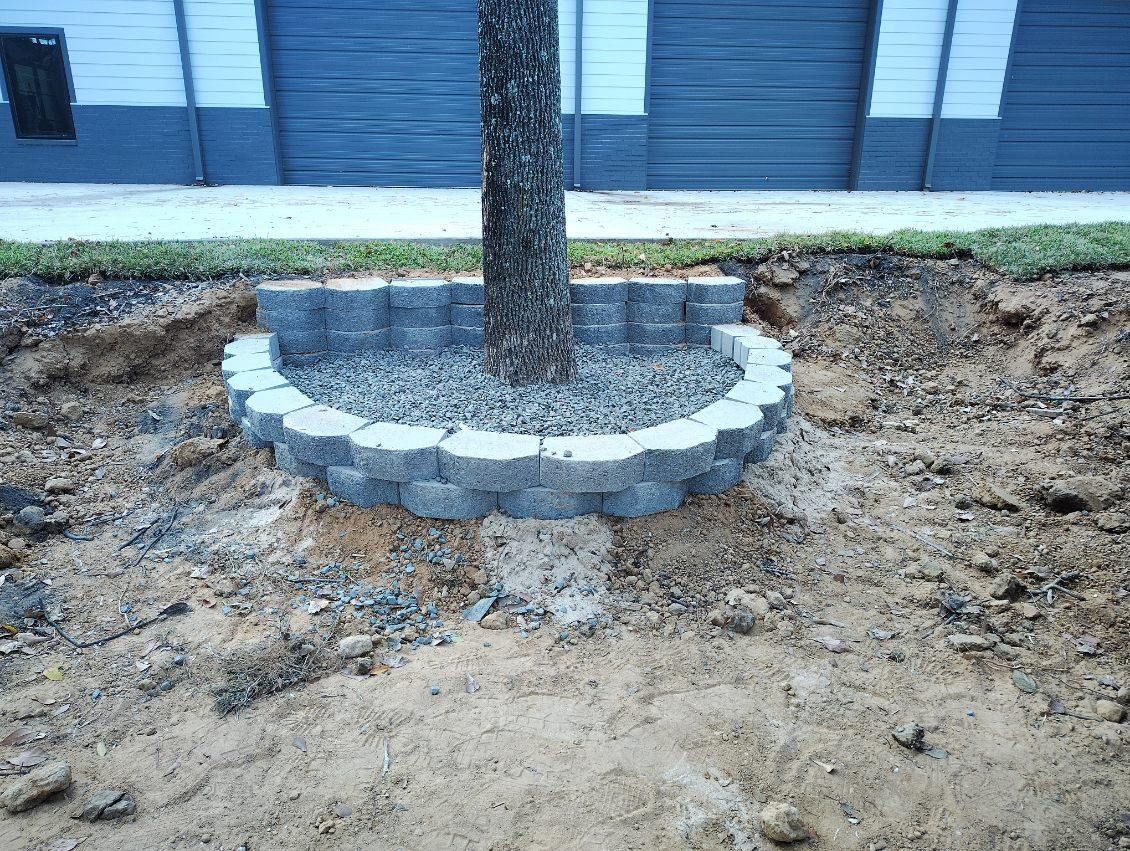 Tree planted in a newly landscaped yard with a stone border and muddy soil around it