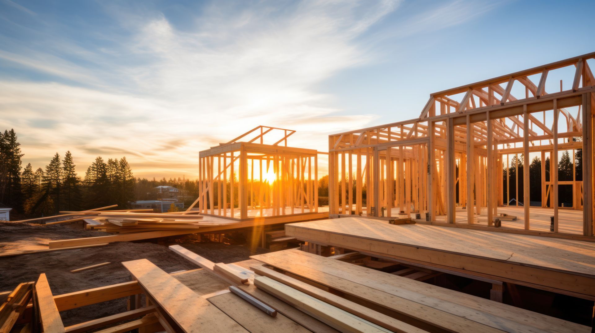Une maison est en construction sur un chantier au coucher du soleil.