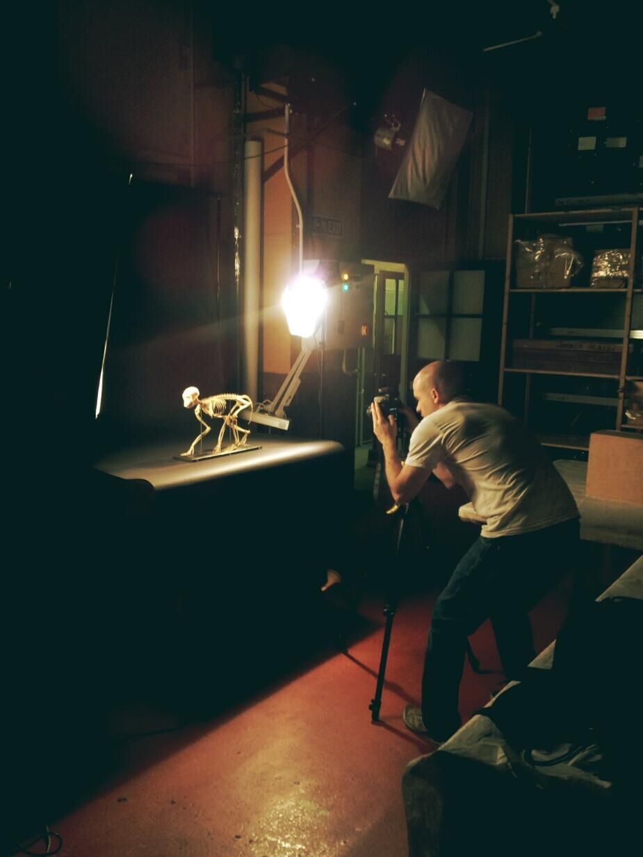 A man is taking a picture of a statue in a dark room