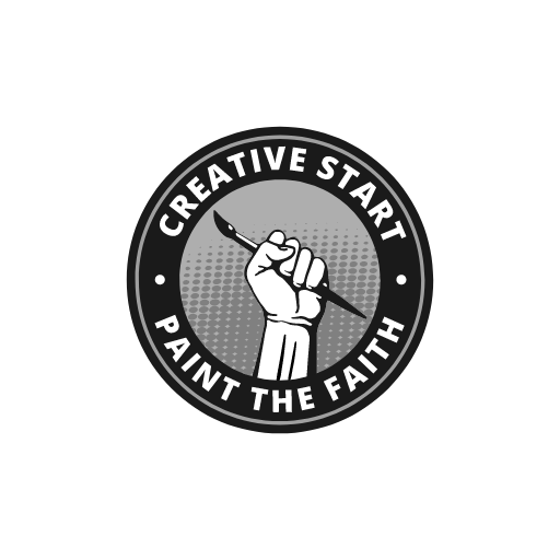 The logo for creative start paint the faith shows a fist holding a brush.
