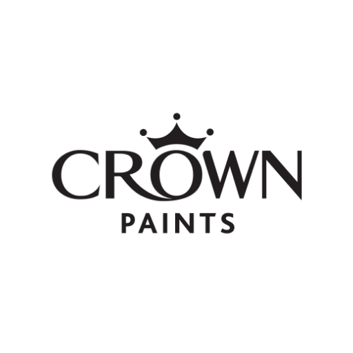A black and white logo for crown paints with a crown on it.