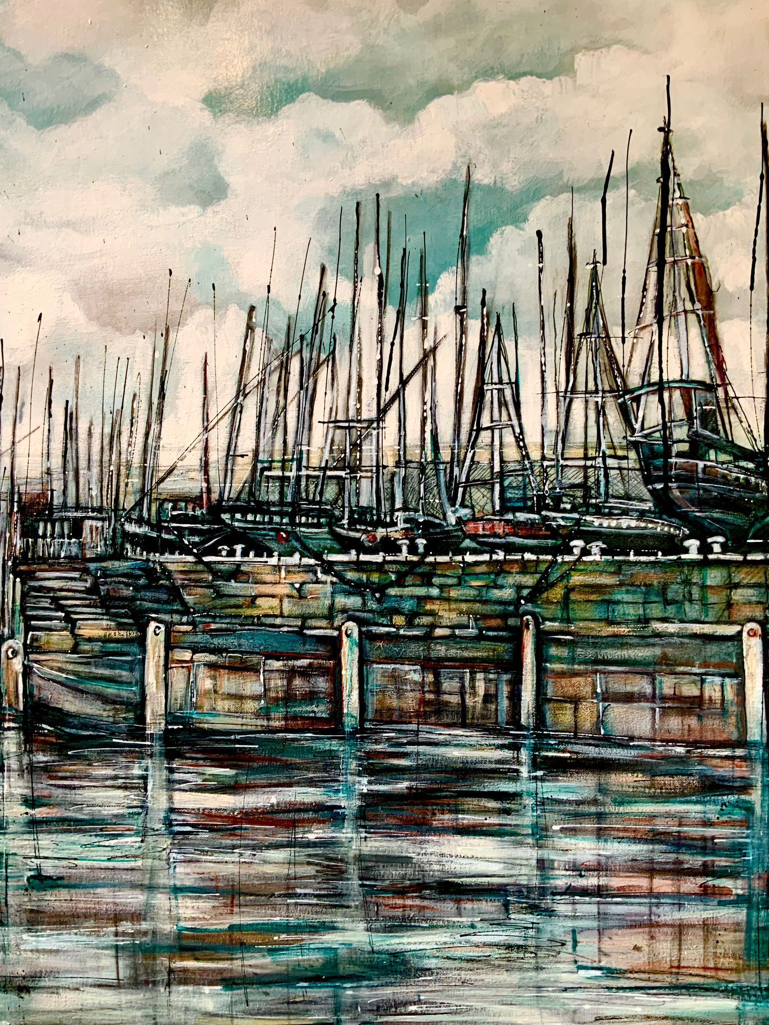 A painting of boats in a harbor with a cloudy sky