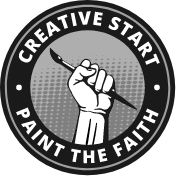 The logo for creative start paint the faith shows a fist holding a brush.